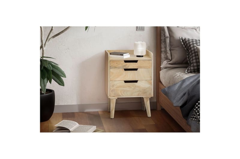 Nattbord Wohnling Moderne utseende med 3 skuffer laget av solid mangotre og en lagringshylle - Møbler - Bord - Avlastningsbord & sidobord - Sengebord & nattbord