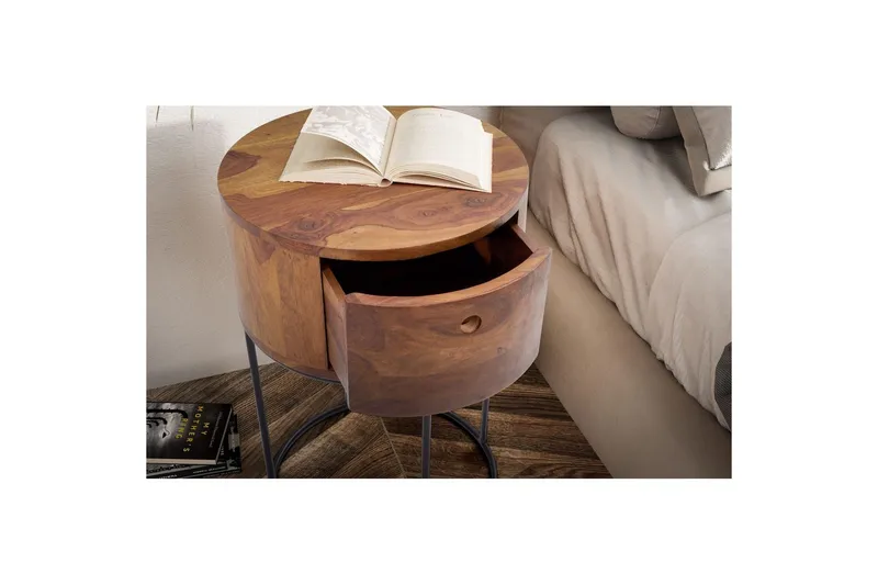 Nattbord Wohnling rundt, massivt tre med 1 skuff i moderne stil mørkebrun - mørkebrun - Møbler - Bord - Avlastningsbord & sidobord - Sengebord & nattbord