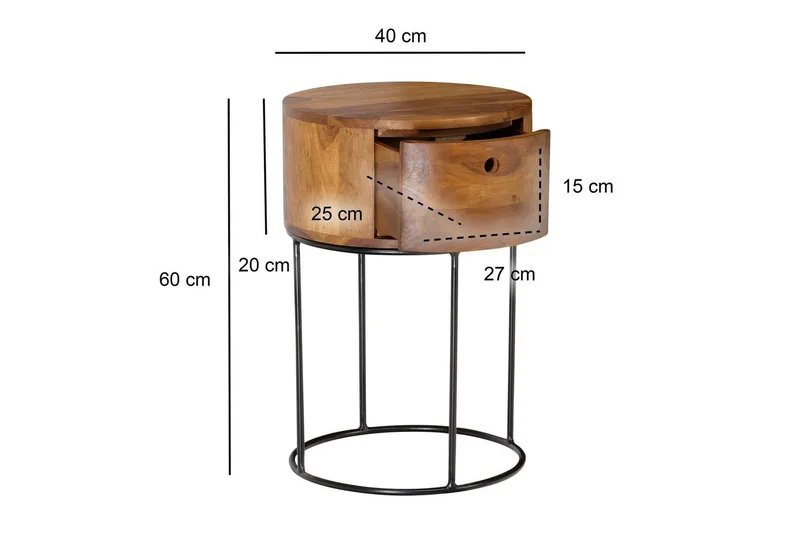Nattbord Wohnling rundt, massivt tre med 1 skuff i moderne stil mørkebrun - Møbler - Bord - Avlastningsbord & sidobord - Sengebord & nattbord