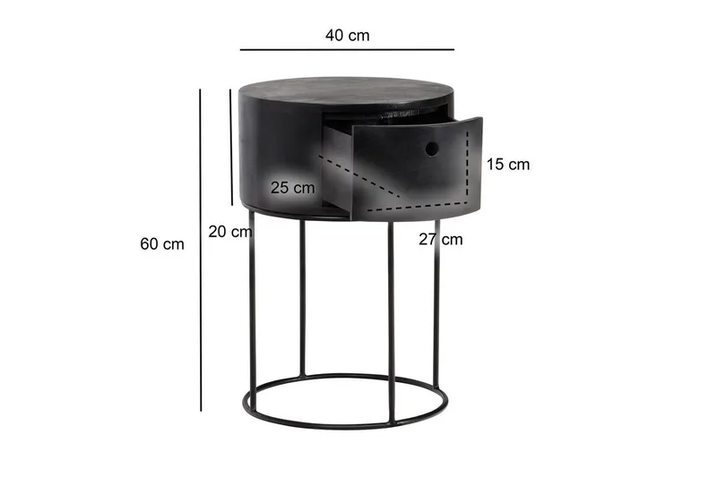 Nattbord Wohnling rundt, massivt tre med 1 skuff i moderne stil Svart - Svart - Møbler - Bord - Avlastningsbord & sidobord - Sengebord & nattbord
