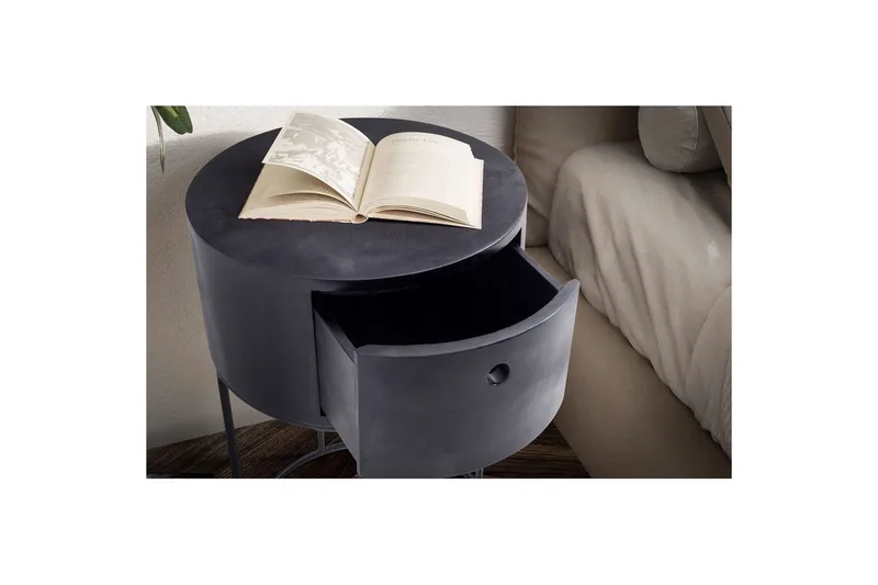 Nattbord Wohnling rundt, massivt tre med 1 skuff i moderne stil Svart - Svart - Møbler - Bord - Avlastningsbord & sidobord - Sengebord & nattbord