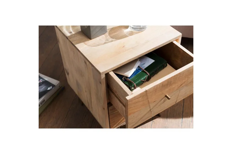 Nattbord Wohnling SIKAR solid mangotre for boksfjærseng metallinnlegg 2 skuffer - Møbler - Bord - Avlastningsbord & sidobord - Sengebord & nattbord