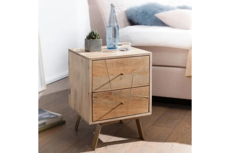 Nattbord Wohnling SIKAR solid mangotre for boksfjærseng metallinnlegg 2 skuffer - Møbler - Bord - Avlastningsbord & sidobord - Sengebord & nattbord