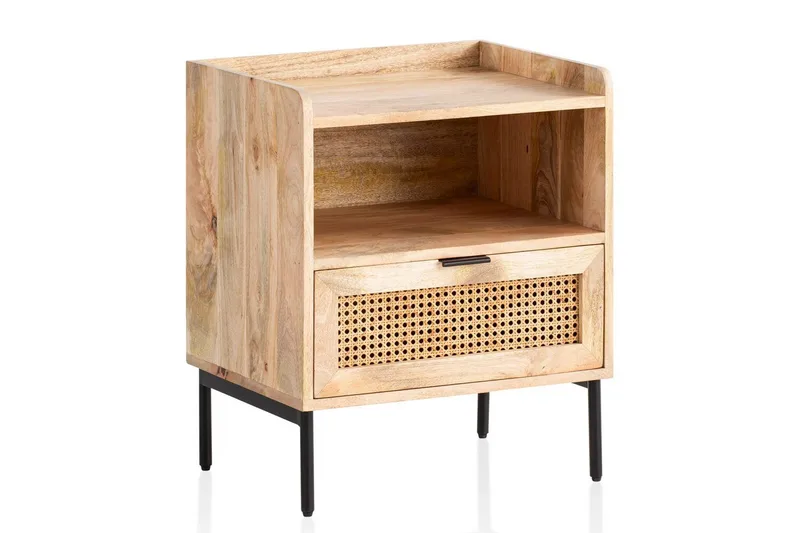 Nattbord Wohnling Solid Mangotre med 1 Skuffe Et Oppbevaringsbrett med Wienerflettverk