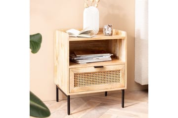 Nattbord Wohnling Solid Mangotre med 1 Skuffe Et Oppbevaringsbrett med Wienerflettverk - Møbler - Bord - Avlastningsbord & sidobord - Sengebord & nattbord