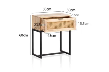 Nattbord Wohnling Solid Mangotre med 1 Skuffe med Wienerflettverk I Industrielt Utseende - Møbler - Bord - Avlastningsbord & sidobord - Sengebord & nattbord