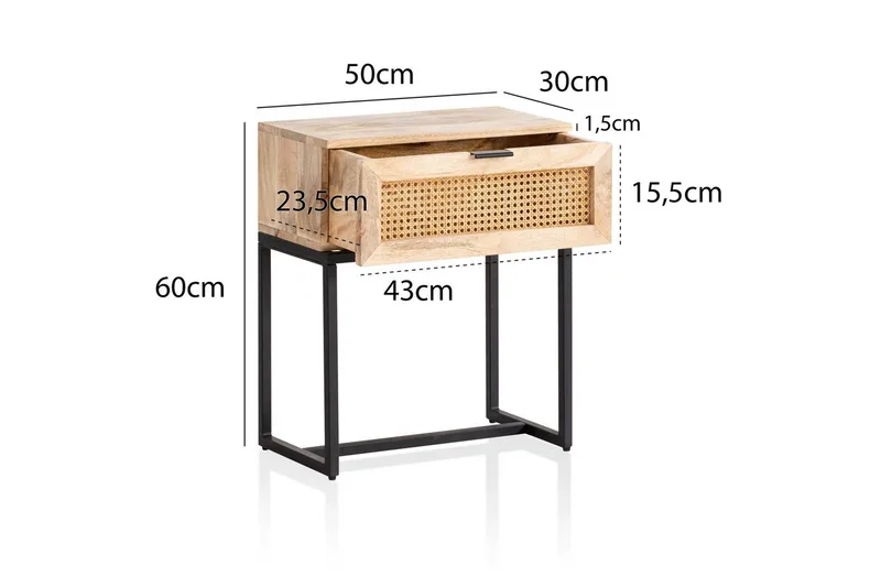 Nattbord Wohnling Solid Mangotre med 1 Skuffe med Wienerflettverk I Industrielt Utseende - Møbler - Bord - Avlastningsbord & sidobord - Sengebord & nattbord