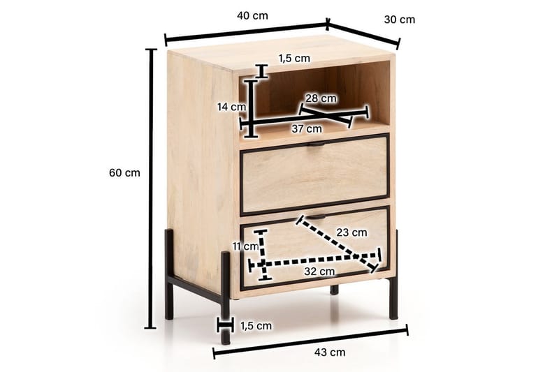 Nattbord Wohnling Solid Mangotre med 2 Skuffer Et Oppbevaringsrom - Møbler - Bord - Avlastningsbord & sidobord - Sengebord & nattbord