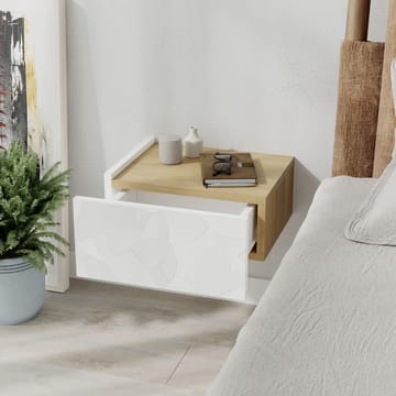 Nilena Veggmontert Nattbord 38 cm med Tre- og Eikutseende, Oppbevaring med Skuff - Hvit/Beige - Møbler - Bord - Avlastningsbord & sidobord - Sengebord & nattbord