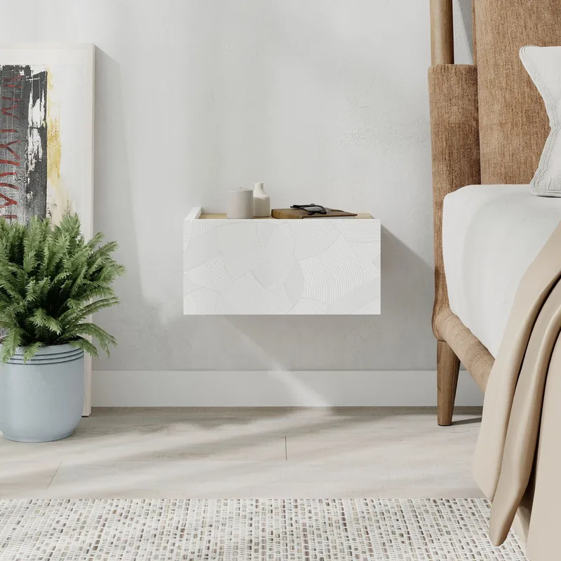 Nilena Veggmontert Nattbord 38 cm med Tre- og Eikutseende, Oppbevaring med Skuff - Hvit/Beige - Møbler - Bord - Avlastningsbord & sidobord - Sengebord & nattbord