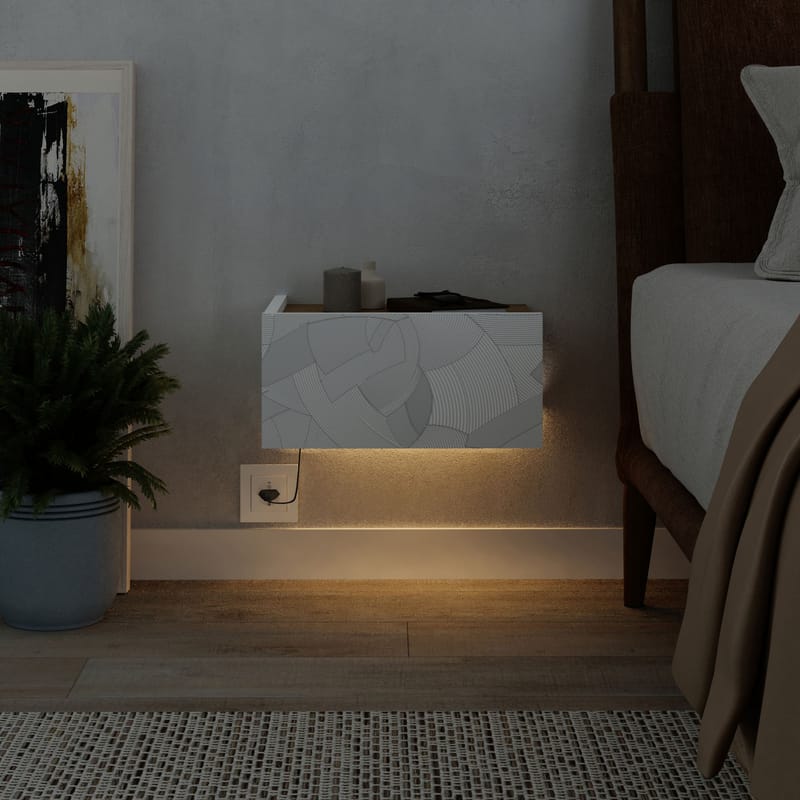 Nilena Veggmontert Nattbord 38 cm med Tre- og Eketre-utseende, Oppbevaring med Skuff og LED-belysning - Hvit/Brun - Møbler - Bord - Avlastningsbord & sidobord - Sengebord & nattbord