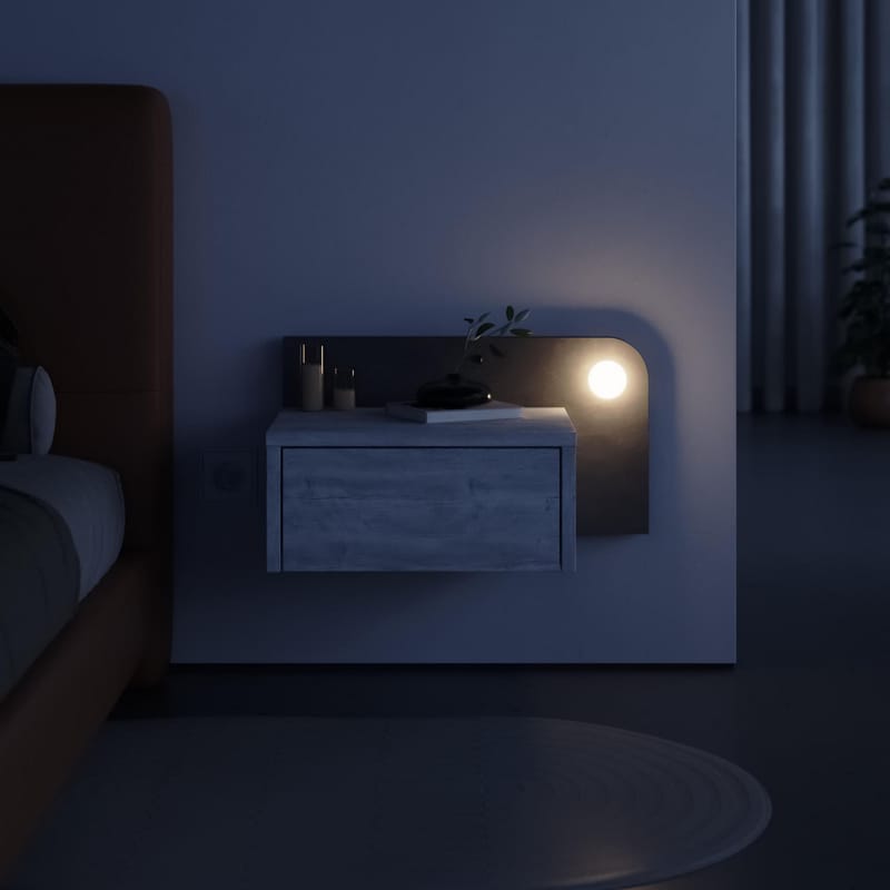 Nosina Veggmontert Nattbord 52 cm med Eik- og Betongutseende, Oppbevaring med Skuff og LED-belysning - Grå/Hvit - Møbler - Bord - Avlastningsbord & sidobord - Sengebord & nattbord