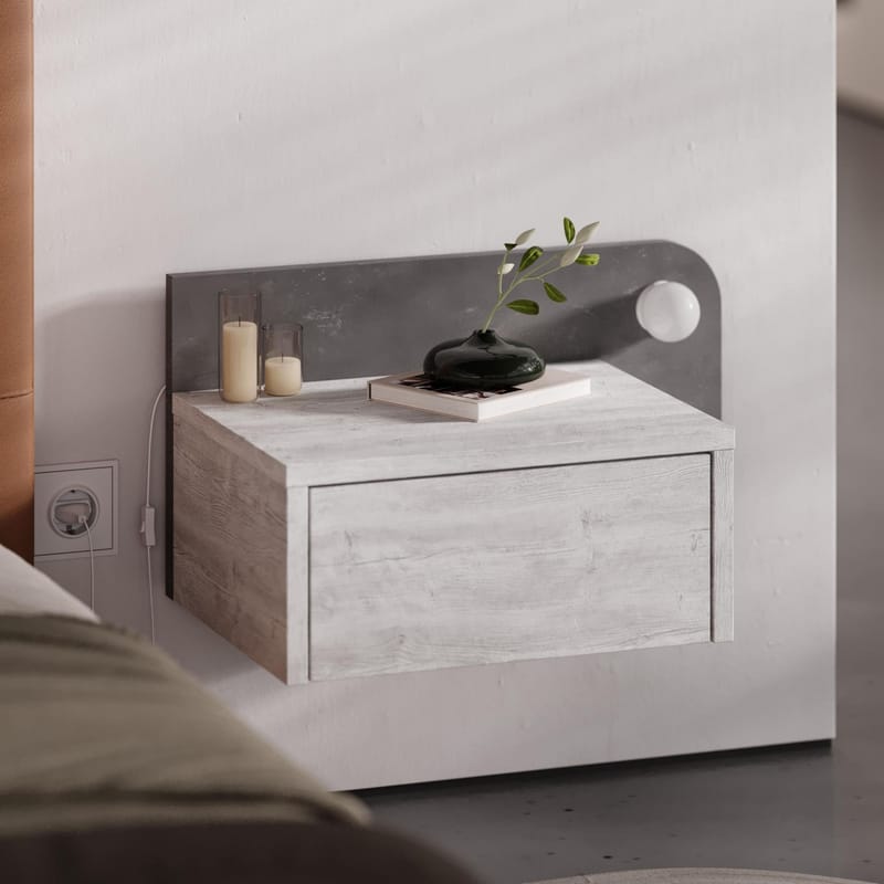 Nosina Veggmontert Nattbord 52 cm med Eik- og Betongutseende, Oppbevaring med Skuff og LED-belysning - Grå/Hvit - Møbler - Bord - Avlastningsbord & sidobord - Sengebord & nattbord