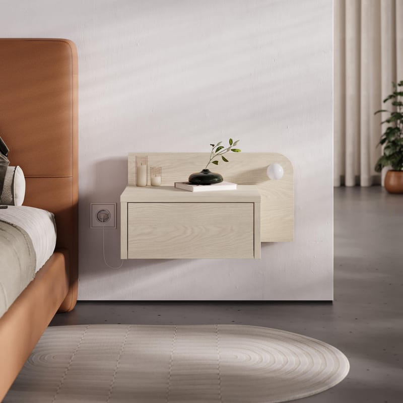 Nosina Veggmontert Nattbord 52 cm med Tre- og Eikeutseende, Oppbevaring med Skuff og LED-belysning - Beige - Møbler - Bord - Avlastningsbord & sidobord - Sengebord & nattbord