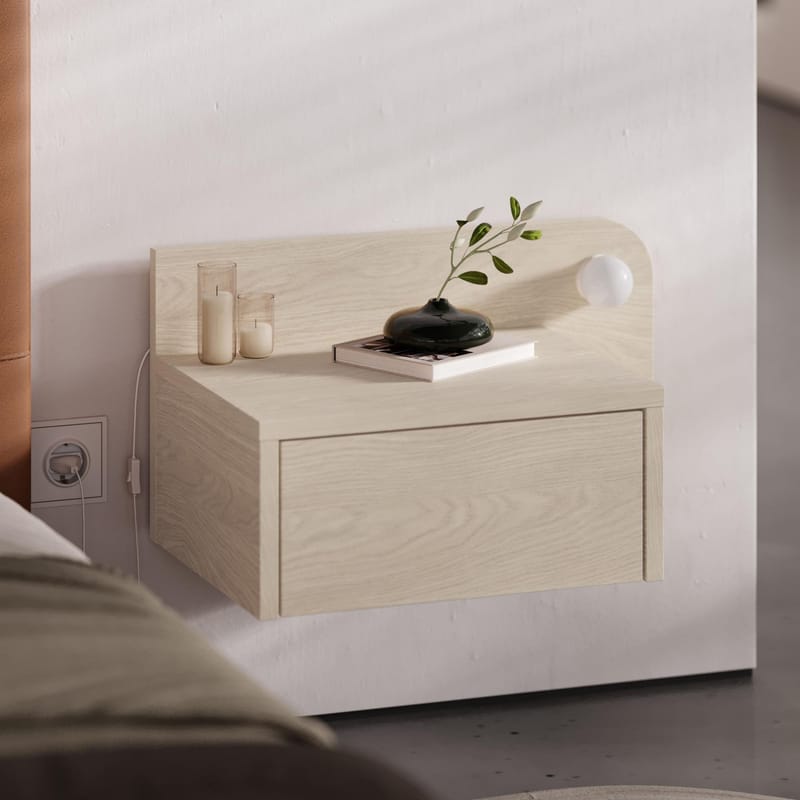 Nosina Veggmontert Nattbord 52 cm med Tre- og Eikeutseende, Oppbevaring med Skuff og LED-belysning - Beige - Møbler - Bord - Avlastningsbord & sidobord - Sengebord & nattbord