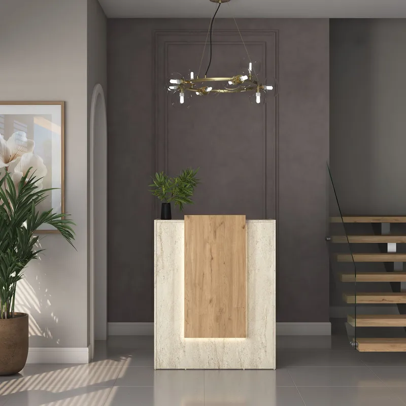 Resepsjonsbord Wallxpert Cleo Shelf (90 x 110 x 40 cm) travertin valnøtt - Travertin og valnøtt - Møbler - Bord - Avlastningsbord & sidobord - Konsollbord & gangbord