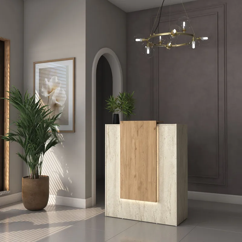 Resepsjonsbord Wallxpert Cleo Shelf (90 x 110 x 40 cm) travertin valnøtt - Travertin og valnøtt - Møbler - Bord - Avlastningsbord & sidobord - Konsollbord & gangbord