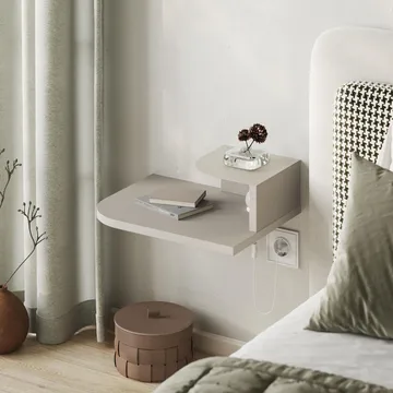 Rilina Veggmontert Nattbord 40 cm med Lyst Treutseende, Oppbevaring med Hylle og LED-belysning - Beige - Møbler - Bord - Avlastningsbord & sidobord - Sengebord & nattbord