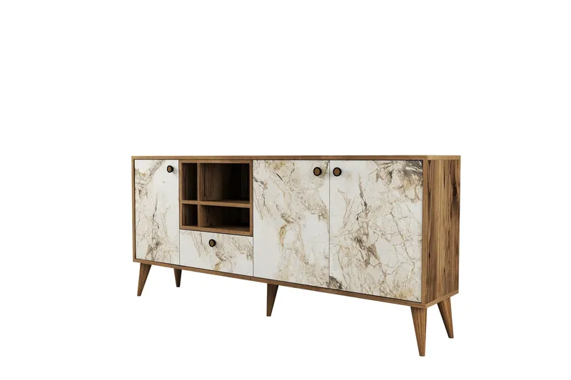 Scone Konsollbord 180 cm, Hvit marmor/Valnøtt