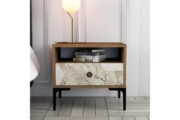 Ameias Nattbord 56 cm med Valnøtt- og Marmorutseende, Oppbevaring med Skuff - Brun/Grå - Møbler - Bord - Avlastningsbord & sidobord - Sengebord & nattbord