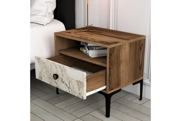 Ameias Nattbord 56 cm med Valnøtt- og Marmorutseende, Oppbevaring med Skuff - Brun/Grå - Møbler - Bord - Avlastningsbord & sidobord - Sengebord & nattbord
