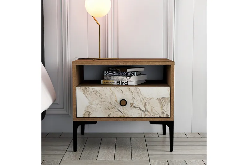 Ameias Nattbord 56x40 cm Brun/Hvit - Hanah Home - Møbler - Bord - Avlastningsbord & sidobord - Sengebord & nattbord