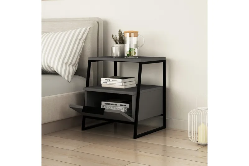 BodSjø Nattbord 45 cm med Oppbevaring Hylle + Lucka - Grå/Svart - Møbler - Bord - Avlastningsbord & sidobord - Sengebord & nattbord