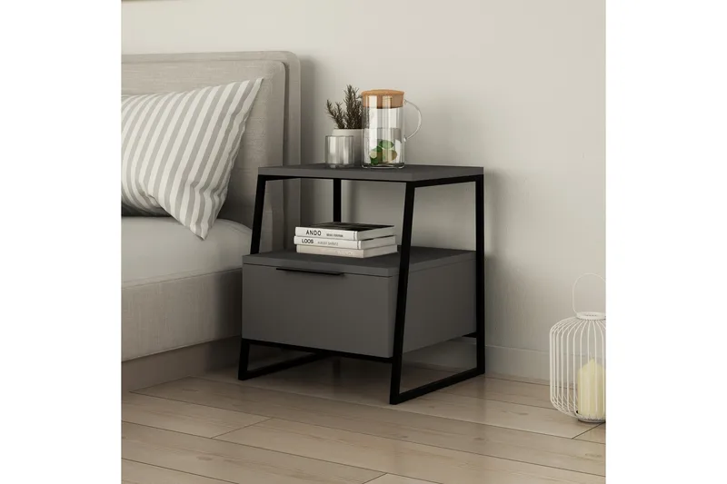 BodSjø Nattbord 45 cm med Oppbevaring Hylle + Lucka - Grå/Svart - Møbler - Bord - Avlastningsbord & sidobord - Sengebord & nattbord