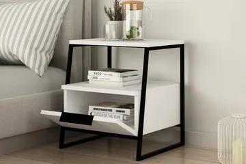 BodSjø Nattbord 45 cm med Oppbevaring Hylle + Lucka - Hvit/Svart - Møbler - Bord - Avlastningsbord & sidobord - Sengebord & nattbord