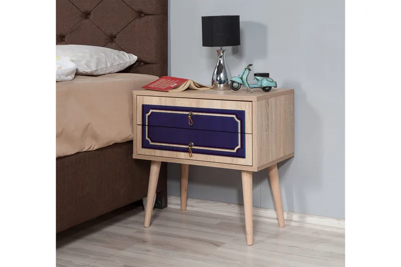 Brokind Nattbord 60 cm med Oppbevaring 2 Skuffer DEikor - Natur/Blå - Møbler - Bord - Avlastningsbord & sidobord - Sengebord & nattbord
