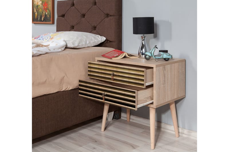 Brokind Nattbord 60 cm med Oppbevaring 2 Skuffer Striper - Natur - Møbler - Bord - Avlastningsbord & sidobord - Sengebord & nattbord