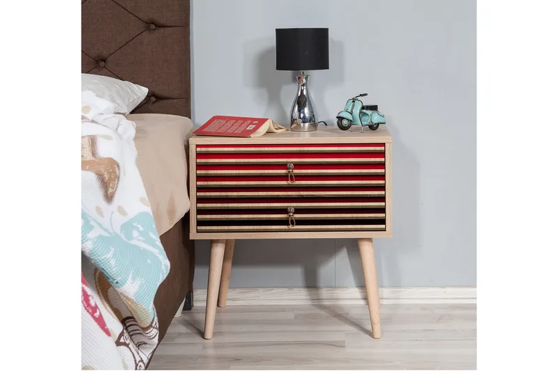 Brokind Nattbord 60 cm med Oppbevaring 2 Skuffer Striper - Natur/Rød - Møbler - Bord - Avlastningsbord & sidobord - Sengebord & nattbord
