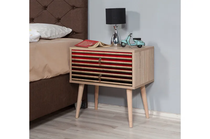 Brokind Nattbord 60 cm med Oppbevaring 2 Skuffer Striper - Natur/Rød - Møbler - Bord - Avlastningsbord & sidobord - Sengebord & nattbord