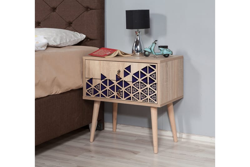 Brokind Nattbord 60 cm med Oppbevaring 2 Skuffer Trianglar - Natur/Blå - Møbler - Bord - Avlastningsbord & sidobord - Sengebord & nattbord