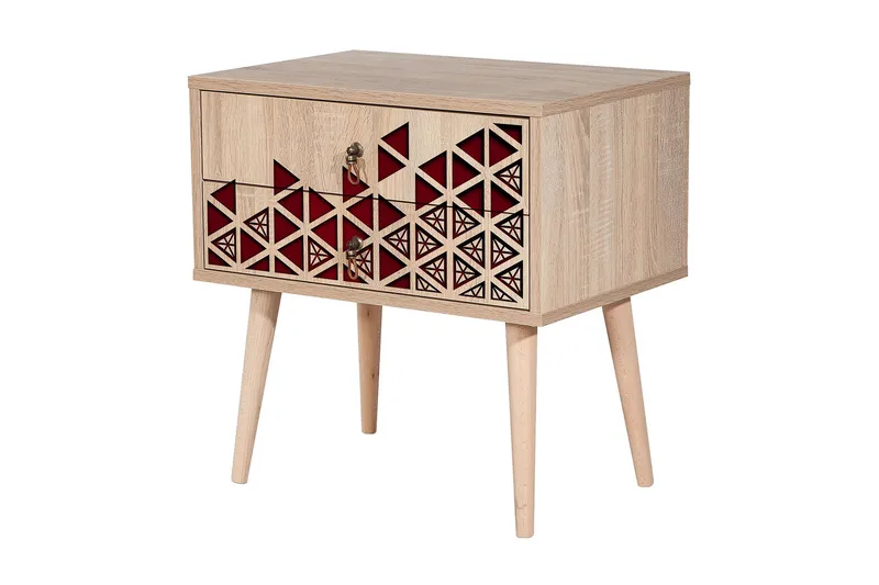 Brokind Nattbord 60 cm med Oppbevaring 2 Skuffer Trianglar - Natur/Rød - Møbler - Bord - Avlastningsbord & sidobord - Sengebord & nattbord