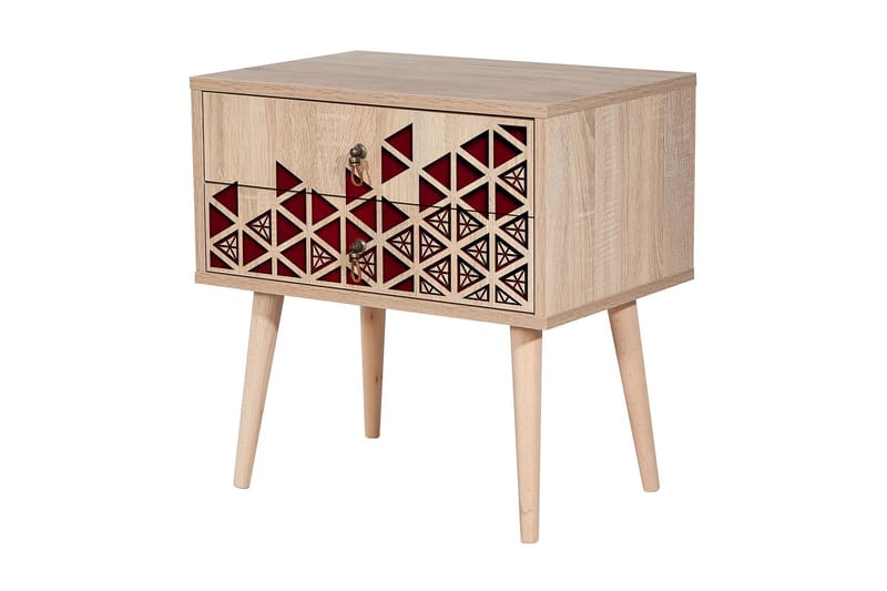 Brokind Nattbord 60 cm med Oppbevaring 2 Skuffer Trianglar - Natur/Rød - Møbler - Bord - Avlastningsbord & sidobord - Sengebord & nattbord