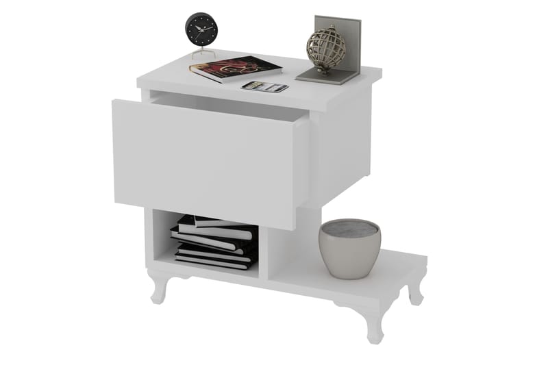 Decorotika Nattbord 46 cm med Oppbevaring Skuff + Hyller Ben - Hvit - Møbler - Bord - Avlastningsbord & sidobord - Sengebord & nattbord