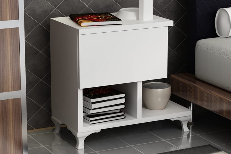 Decorotika Nattbord 46 cm med Oppbevaring Skuff + Hyller Ben - Hvit - Møbler - Bord - Avlastningsbord & sidobord - Sengebord & nattbord