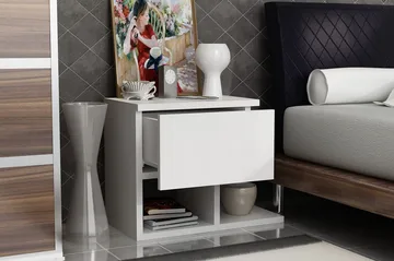 Decorotika Nattbord 46 cm med Oppbevaring Skuff + Hyller - Hvit - Møbler - Bord - Avlastningsbord & sidobord - Sengebord & nattbord