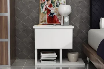 Decorotika Nattbord 46 cm med Oppbevaring Skuff + Hyller - Hvit - Møbler - Bord - Avlastningsbord & sidobord - Sengebord & nattbord