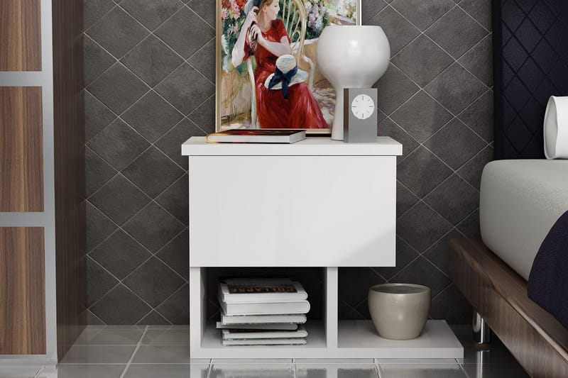 Decorotika Nattbord 46 cm med Oppbevaring Skuff + Hyller - Hvit - Møbler - Bord - Avlastningsbord & sidobord - Sengebord & nattbord