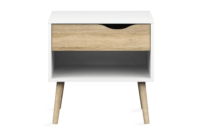 Delta Nattbord 50 cm med Oppbevaring Skuff + Hylle, Hvit/Eikfarge