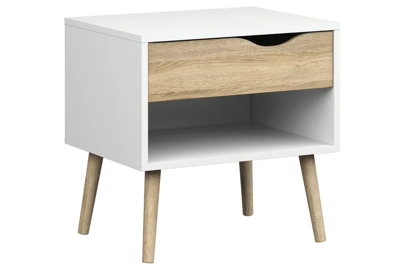 Delta Nattbord 50 cm med Oppbevaring Skuff + Hylle - Hvit/Eikfarge - Møbler - Bord - Avlastningsbord & sidobord - Sengebord & nattbord