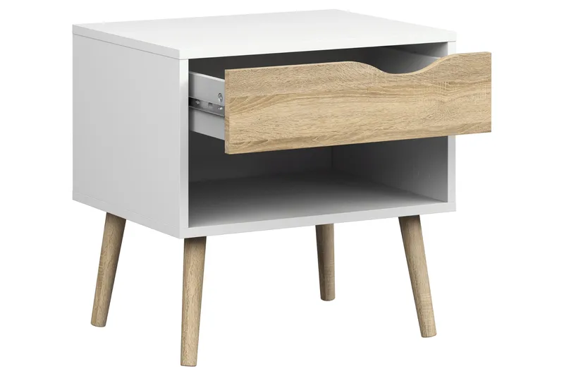 Delta Nattbord 50 cm med Oppbevaring Skuff + Hylle - Hvit/Eikfarge - Møbler - Bord - Avlastningsbord & sidobord - Sengebord & nattbord