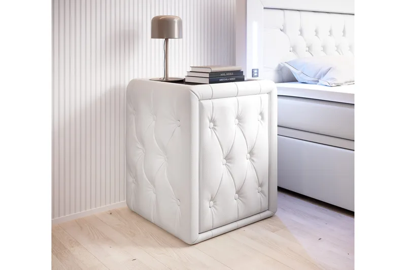 Franco Nattbord 58 cm med Oppbevaring Skuff, Hvit Kunstskinn