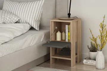 Homitis Nattbord 30 cm med Oppbevaring Hylle + Lucka - Eikfarge/Mørkegrå - Møbler - Bord - Avlastningsbord & sidobord - Sengebord & nattbord