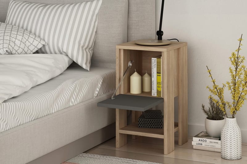 Homitis Nattbord 30 cm med Oppbevaring Hylle + Lucka - Eikfarge/Mørkegrå - Møbler - Bord - Avlastningsbord & sidobord - Sengebord & nattbord