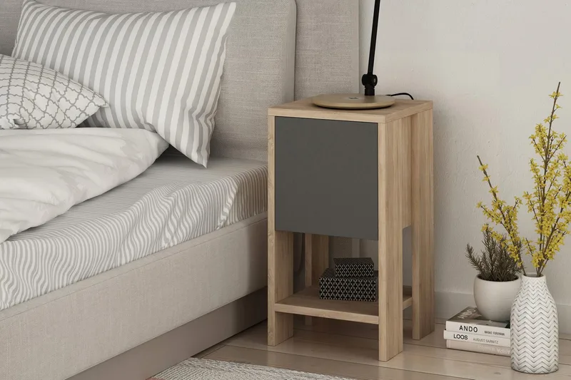 Homitis Nattbord 30 cm med Oppbevaring Hylle + Lucka - Eikfarge/Mørkegrå - Møbler - Bord - Avlastningsbord & sidobord - Sengebord & nattbord