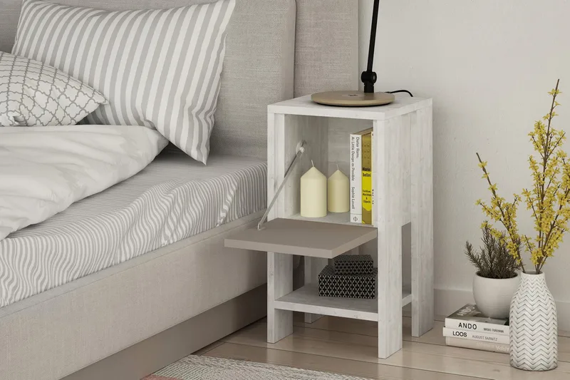 Homitis Nattbord 30 cm med Oppbevaring Hylle + Lucka - Hvit/Tre - Møbler - Bord - Avlastningsbord & sidobord - Sengebord & nattbord