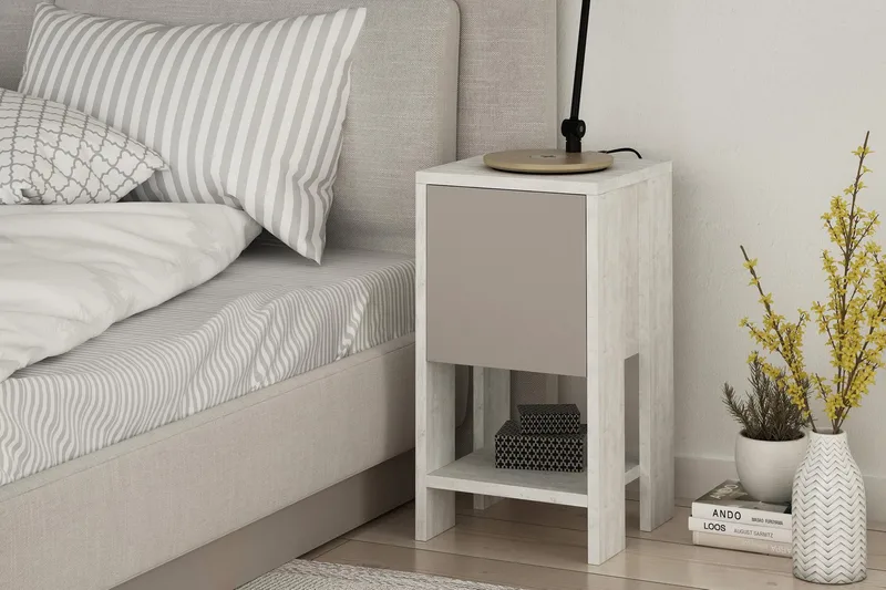 Homitis Nattbord 30 cm med Oppbevaring Hylle + Lucka - Hvit/Tre - Møbler - Bord - Avlastningsbord & sidobord - Sengebord & nattbord